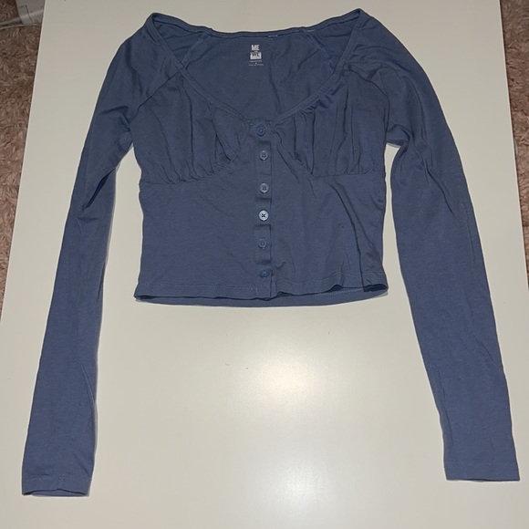 Women’s Me To We Blue Long Sleeve Buster Button Down Crop Top S - Picture 3 of 9